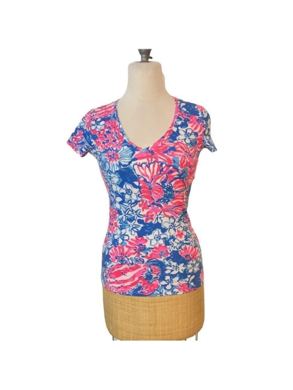 Lilly Pulitzer stretch Coastal Top Pink Blue Floral XXS 0 00
